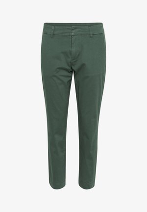 Pantalons en coton verts avec une coupe slim, une fermeture éclair et des poches latérales. Texture lisse avec des coutures et une taille mi-haute.