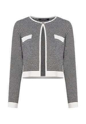 Črno-beli črtasti kratki kardigan z dolgimi rokavi, dvema sprednjima žepoma in okroglim izrezom z razporkom spredaj.