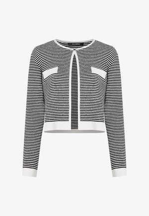 Črno-beli črtasti kratki kardigan z dolgimi rokavi, dvema sprednjima žepoma in okroglim izrezom z razporkom spredaj.