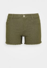 Olive green denim shorts with a frayed hem, five-pocket design, and a front metal button. Smooth texture, fitted shape.