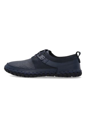 Marineblauer, lässiger Schnürschuh mit perforierter Vorderseite, abgesteppten Details, flexibler schwarzer Sohle und Zuglasche an der Ferse.