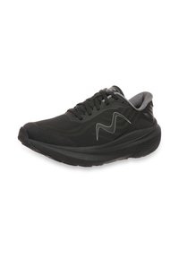 Chaussure de course noire, sportive, à semelle épaisse, doublure grise, fermeture à lacets et logo vague blanc sur le côté, présentée sur fond blanc.