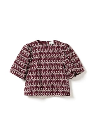 Bluza bordo cu mâneci bufante, broderie florală albă în rânduri verticale, decolteu rotund și închidere cu fermoar în spate.