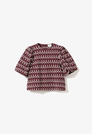 Bluza bordo cu mâneci bufante, broderie florală albă în rânduri verticale, decolteu rotund și închidere cu fermoar în spate.