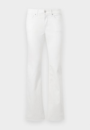 Hvite høytlivsjeggings i denim med knapp- og glidelåslukking, lommer foran og bak, og lett utsvingte ben.