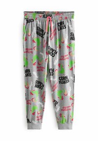 Gray cotton jogger pants featuring a repeating pattern of green rooster graphics and "CORN FLAKES" in black and red. Elastic waistband with a pink drawstring.