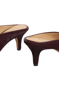 Burgundy high-heeled shoes with a soft textured finish, open-toe design, and slender heel. Smooth interior with a tan insole.
