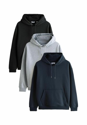 Three hooded sweatshirts in black, grey, and navy blue with front pockets and drawstring hoods, arranged in a staggered stack.