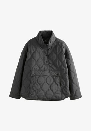Quiltet pullover-jakke i mørkegrå, med høj krave, frontknaplukning og stor frontlomme med trykknaplukninger.