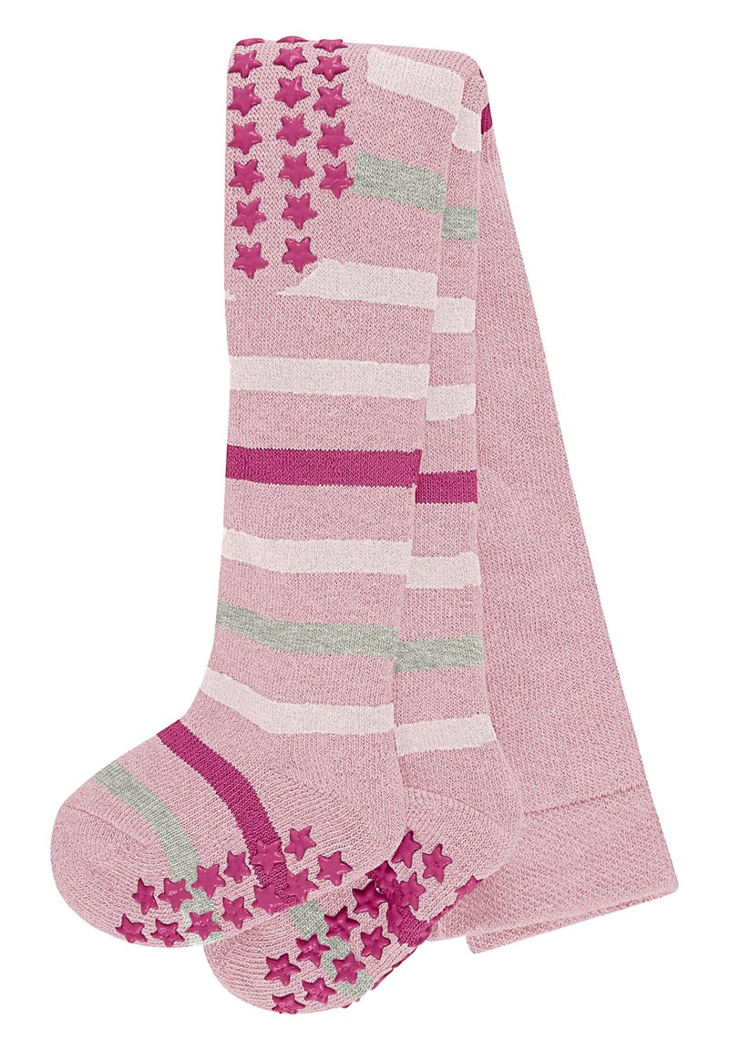 Collants rayés roses avec des lignes horizontales gris clair et rose foncé. La semelle présente des étoiles en caoutchouc rose pour une meilleure adhérence. Texture en tricot douce sur l'ensemble.