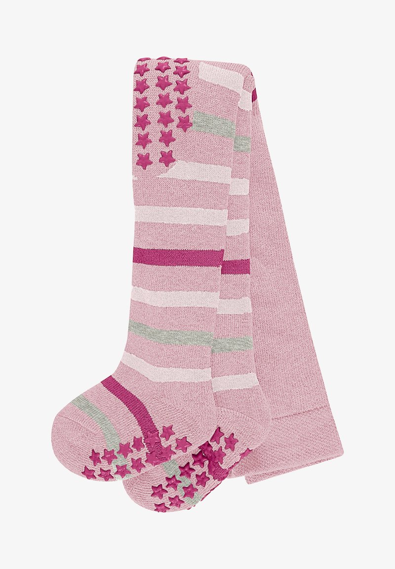 Collants rayés roses avec des lignes horizontales gris clair et rose foncé. La semelle présente des étoiles en caoutchouc rose pour une meilleure adhérence. Texture en tricot douce sur l'ensemble.