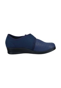 Scarpe slip-on blu navy con un pannello in rete testurizzato, suola imbottita e fascia elastica sulla parte centrale per una vestibilità sicura.