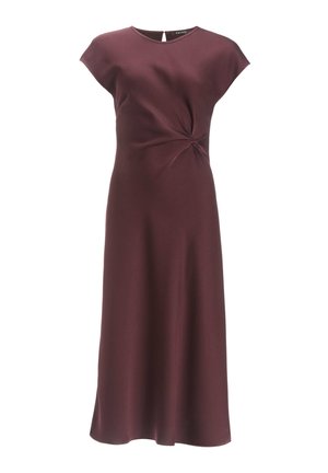 Schwangerschaftskleid in tiefem Burgunderrot, aus glattem Stoff gefertigt. Mit kurzen Ärmeln, einem gedrehten Taillendetail und einem knielangen Rock.