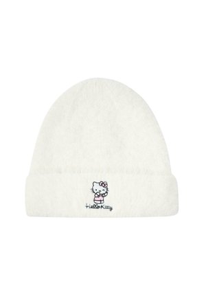 Biała czapka beanie z miękkiego, puszystego materiału z podwiniętym mankietem. Posiada haftowany kolorowy wzór Hello Kitty umieszczony z przodu.