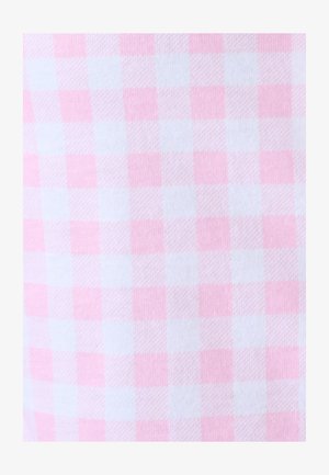 Tissu à carreaux vichy rose et blanc avec des carrés régulièrement espacés et une texture tissée douce.