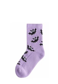 Purple ribbed sock featuring black bat designs with white eyes, made from soft material, suitable for casual wear.