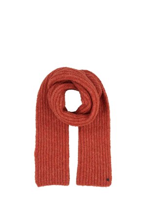 Sciarpa a costine color ruggine, realizzata in tessuto morbido. Presenta un'estremità arrotondata per lo styling e una piccola etichetta nera con logo su un bordo.