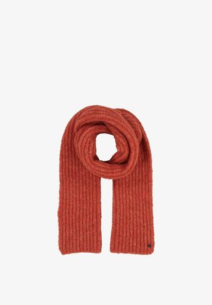 Röstsuhk ruudukujuline sall sooja oranži värviga, valmistatud pehmest kangast. Omab ümarat lõppu stiliseerimiseks ja ühes servas väikest musta logo sildi.