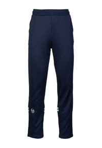 Navy blauwe joggingbroek gemaakt van zachte stof, met een elastische tailleband, zijzakken en witte horizontale strepen nabij de zoom.