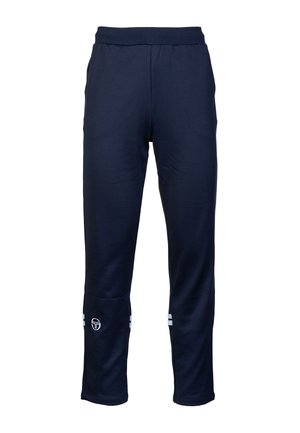 Pantaloni tuta blu navy realizzati in tessuto morbido, con vita elasticizzata, tasche laterali e strisce bianche orizzontali vicino all'orlo.