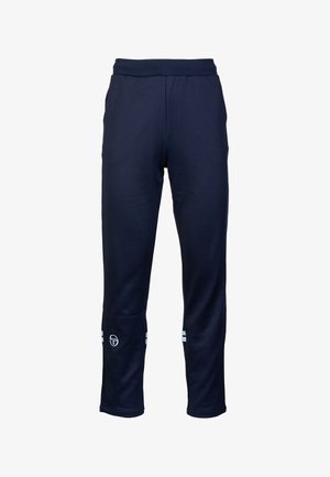 Navy blauwe joggingbroek gemaakt van zachte stof, met een elastische tailleband, zijzakken en witte horizontale strepen nabij de zoom.
