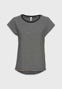 Camiseta de rayas en blanco y negro con mangas cortas, un cuello redondo y un dobladillo curvado. Hecha de un tejido suave con una textura lisa.