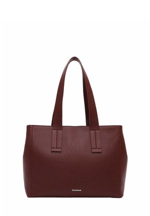 Dark brown textured leather tote bag with two shoulder straps and a small silver brand logo on the front center.