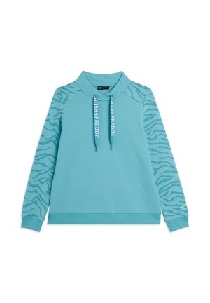 Sudadera azul claro con mangas estampadas, puños y dobladillo acanalados, y cordones con la impresión "FREDDY" en el cuello.