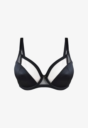 Czarny stanik z przezroczystymi panelami i wsparciem w postaci fiszbin, charakteryzujący się gładką teksturą, głębokim dekoltem oraz małym złotym detalem w centrum.