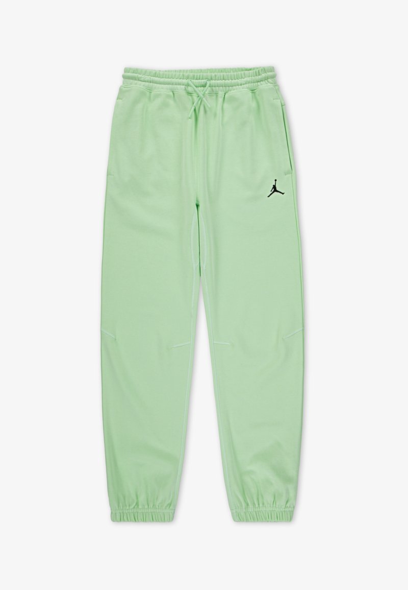 Svetlozelené tepláky s elastickým pásom, sťahovacou šnúrkou, bočnými vreckami a čiernym logom Jumpman blízko ľavého bedra. Vyrobené z mäkkej látky.