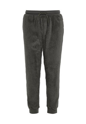 Fuzzy donkergrijze joggers van textuurstof, met een trekkoord in de taille en ribgebreide boorden bij de enkels.