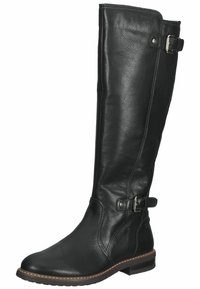 Bota de cuero negra hasta la rodilla con una textura suave, hebillas decorativas en el costado y un tacón bajo apilado. Detalles de costura a lo largo de las costuras.