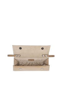 Beige leather clutch purse open showing elastic inner pocket, snap button closures, and wrist strap on both sides.