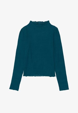 Turkusowa, prążkowana bluzka z długim rękawem, z wysokim, falbaniastym dekoltem i prostym wykończeniem, z teksturowanej tkaniny i dopasowanym krojem.