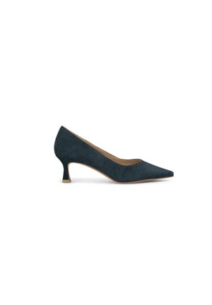 Zapatos de ante azul marino con puntera afilada y un tacón bajo y acampanado. El diseño presenta una textura lisa y una silueta elegante.