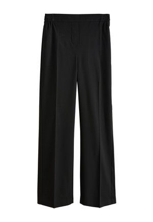 Black straight-leg pants with elastic waistband and front seam details, displayed against white background.