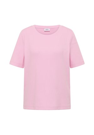 T-shirt rose clair à manches courtes, col rond côtelé, ourlet droit avec une étiquette « CECIL » à l'intérieur du col.
