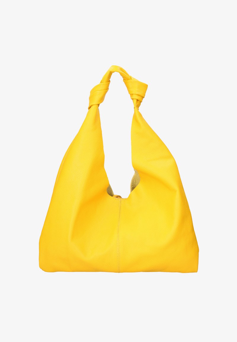 Gele leren tas met een geknoopte riem, grote opening en zachte textuur. Voorzien van een gladde, matte afwerking zonder patronen of hardware.