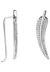 Orecchini in argento con design a foglia, caratterizzati da una superficie liscia e da pietre preziose trasparenti incastonate lungo un bordo per un tocco di dettaglio in più.