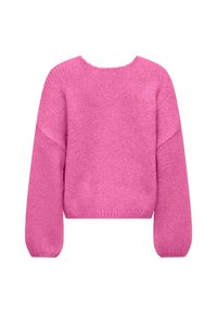 Roza pleten pulover z okroglim izrezom, prevelikimi rokavi in krajšim dolžinskim krojem, s teksturirano tkanino. Brez vidne strojne opreme ali vzorcev.