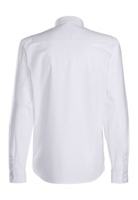 White long-sleeve shirt with a standard collar and button cuffs. Smooth cotton material with a tailored back design. No visible patterns.