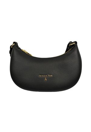 Sac à main en cuir noir en forme de croissant avec une fermeture éclair dorée et un petit logo doré "Patrizia Pepe" centré à l'avant.