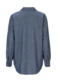 Denim shirt with a dark blue hue, long sleeves, buttoned cuffs, and a classic collar. Features a smooth texture and curved hemline.