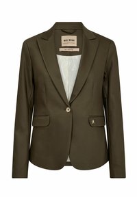 Olīvu zaļš pielāgots bleizeris ar vienu pogu, divām priekšējām kabatām un diskrētu logo detaļu. Gluda tekstūra un mīksta odere.