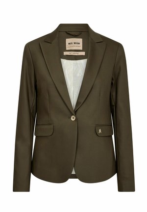Olivově zelený sak na míru s jedním knoflíkem, dvěma předními kapsami a jemným logem. Hladká textura a měkká podšívka.