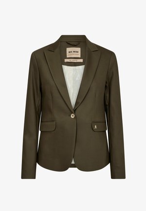Zielona oliwkowa marynarka dopasowana z zapięciem na jeden guzik, dwoma przednimi kieszeniami oraz subtelnym logo. Gładka tekstura i miękkie podszewka.