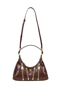 Sac à main en cuir brun embossé crocodile avec une silhouette incurvée, comprenant trois fermetures éclair en métal doré et une longue bandoulière réglable.