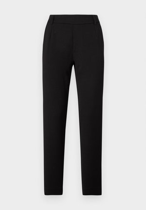 Pantalon noir ajusté avec une coupe droite, tissu lisse, détail à la taille, sans poches visibles ni embellissements.