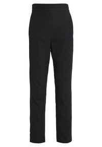 Czarne, elastyczne spodnie o dopasowanym kroju, z płaskim pasem i gładką teksturą. Brak widocznych kieszeni lub zdobień.