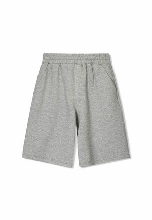 Grijze casual kniebroek met elastische tailleband en zijzakken, gemaakt van zachte stof.